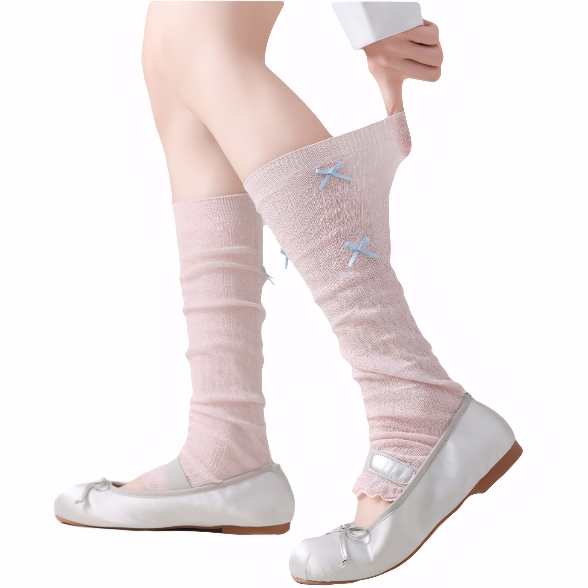 Pink and white Japanese JK style leg warmers with lace knit texture lolita over calf socks